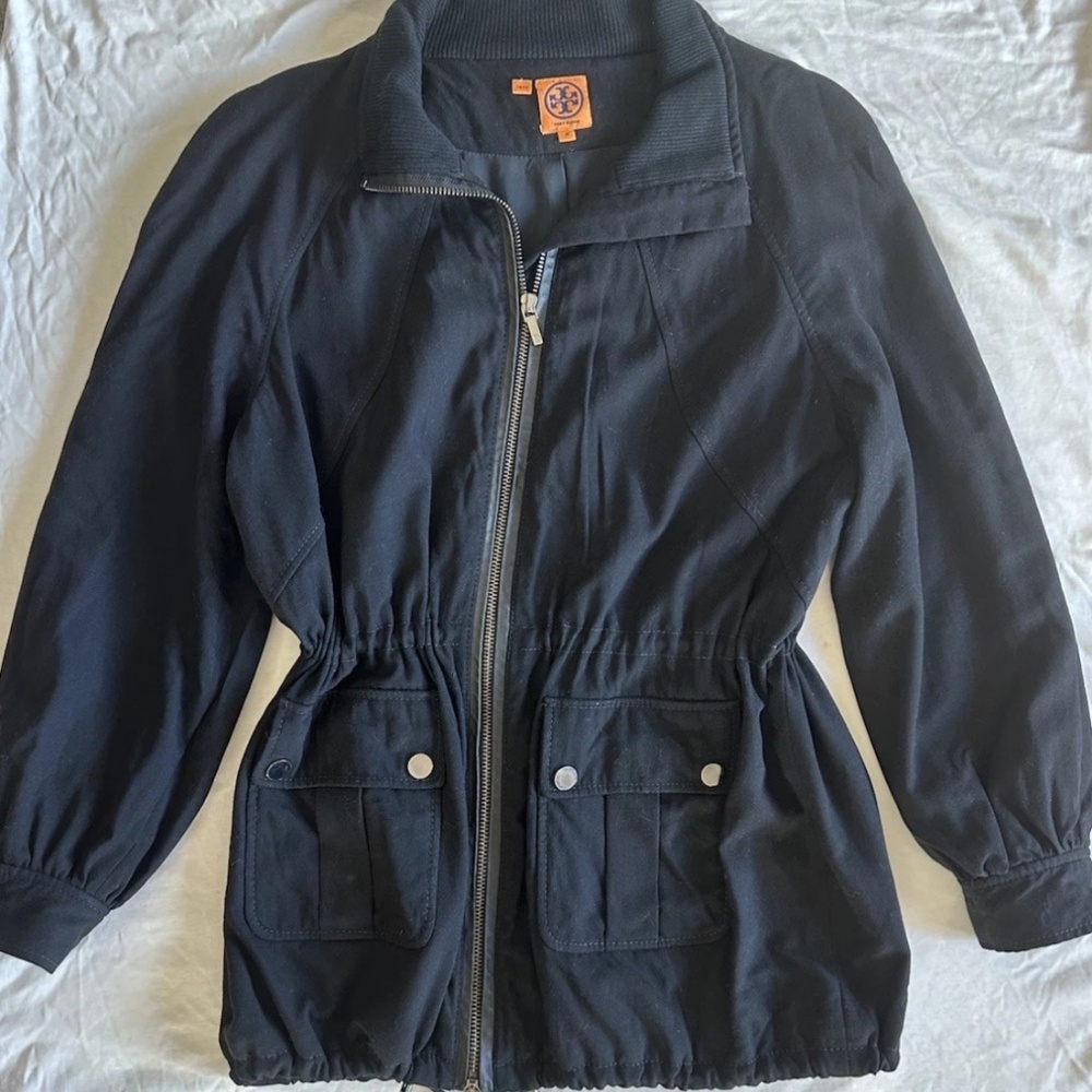 Tory Burch Black Zip up Drawstring bottom light Jacket utility coat  Size 14